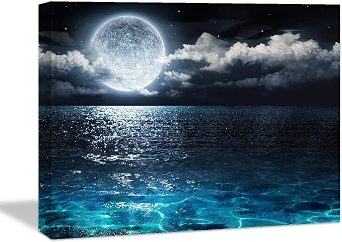 Looife Ocean Theme Canvas Wall Art, 24x16 Inch Blue Sea Under Moonlight Calmful