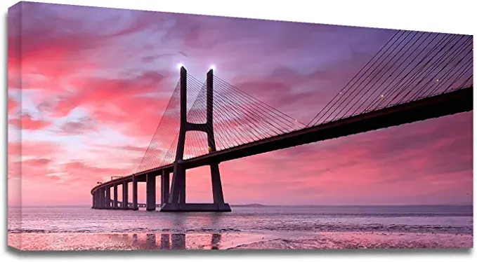 Looife 48x24 Inch Canvas Prints Wall Art-Long Bridge on Sea with Colorful Sunset