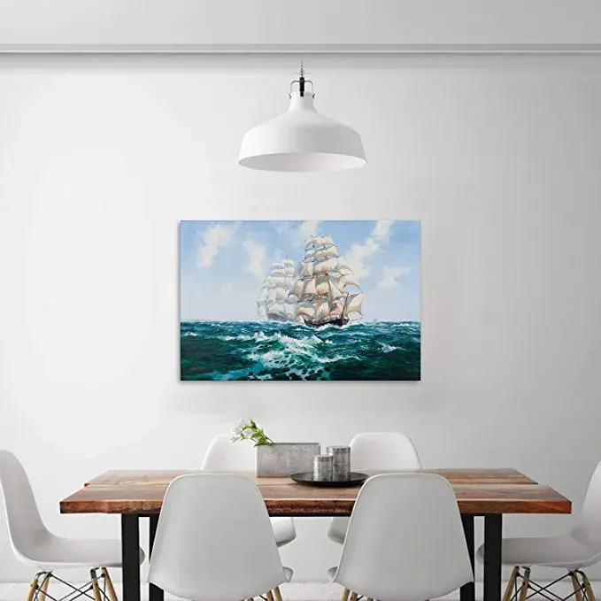 Thumbnail: Looife Ocean Theme Canvas Wall Art, 48x32 Inch Sailboats on Blue Sea Level Pictu