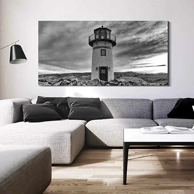 Thumbnail: Looife Canvas Prints Wall Art-Large 40x20 Inch Black and White Lighthouse on Bea