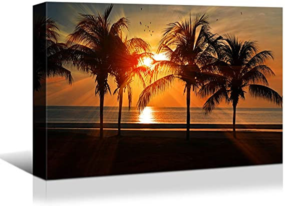 Looife Seascape Canvas Prints Wall Art-32x24 Inch Colorful Tropic Palm Trees on
