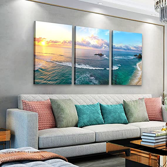 Thumbnail: Looife Seascape Canvas Wall Art Decor 24x32 Inch 3 Panels Green Sea Waves in The