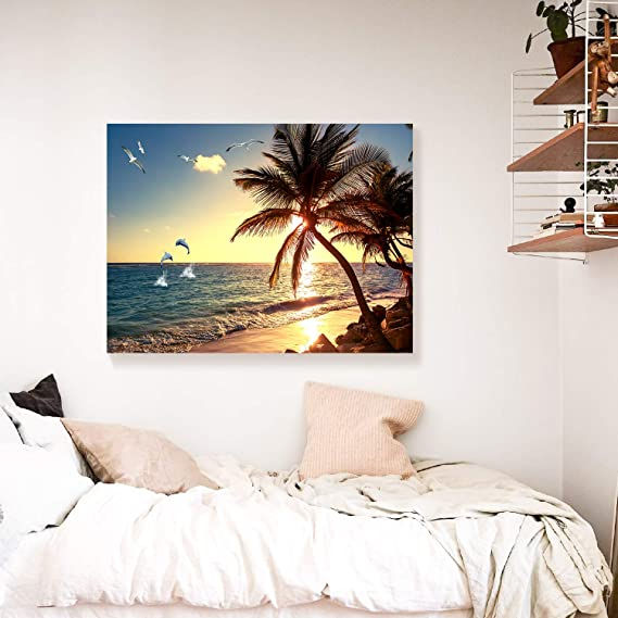 Thumbnail: Looife Canvas Prints Wall Art-32x24 Inch Colorful Palm Tree on Beach with Seagul