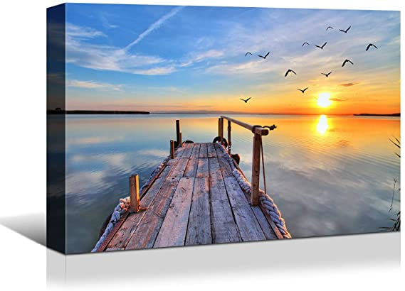 Looife Seascape Canvas Prints Wall Art-24x16 Inch Sea Pier Dock Picture Wall Dec