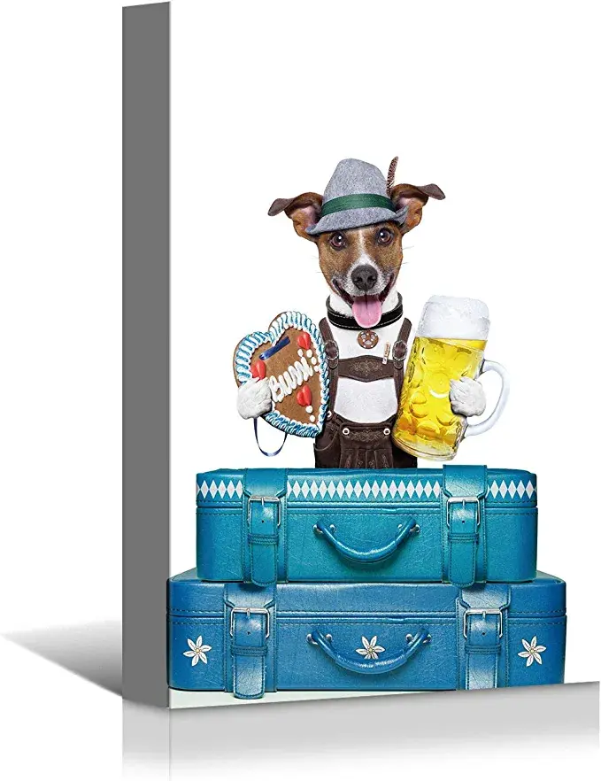 Looife Animal Canvas Wall Art, 16x24 Funny Dog with Suitcase Pet Portrait Prints