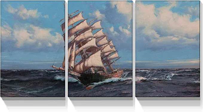 Looife 3 Panels Ocean Theme Canvas Wall Art, 16x24 Inch 3 Pieces Sailboat on teh