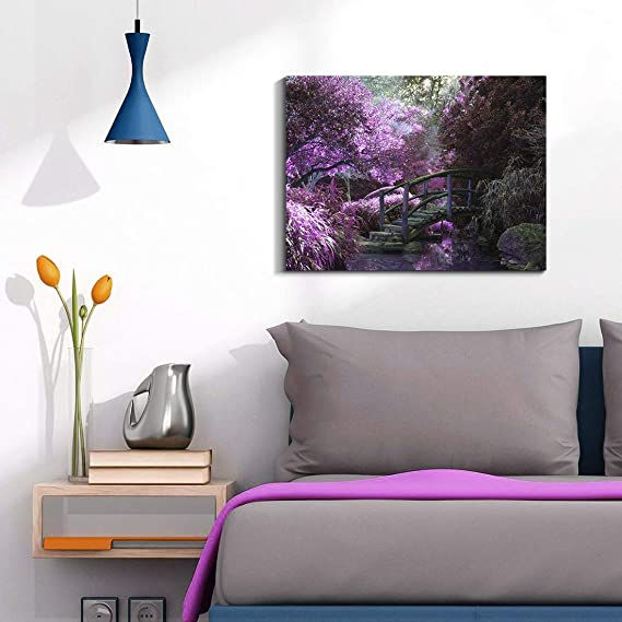 Thumbnail: Looife Canvas Prints Wall Art-40x30 Inch Purple Blossom and Wood Bridge Picture