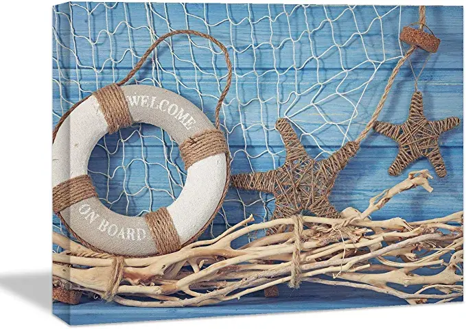 Looife Ocean Theme Canvas Wall Art, 30x20 Inch Lifebuoy with Stars on Blue Wood