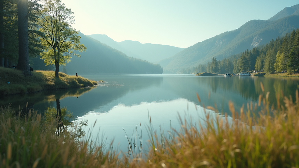Close-up view of a serene landscape with a calm lake