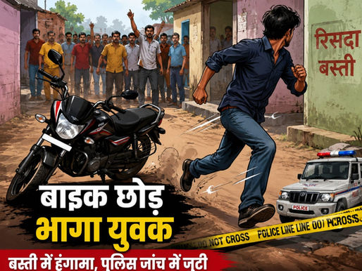 Risda Basti Viral Video मामले की प्रतीकात्मक तस्वीर, बाइक छोड़कर भागते युवक, बस्ती में मचे हंगामे और पुलिस जांच को दर्शाती सांकेतिक छवि।