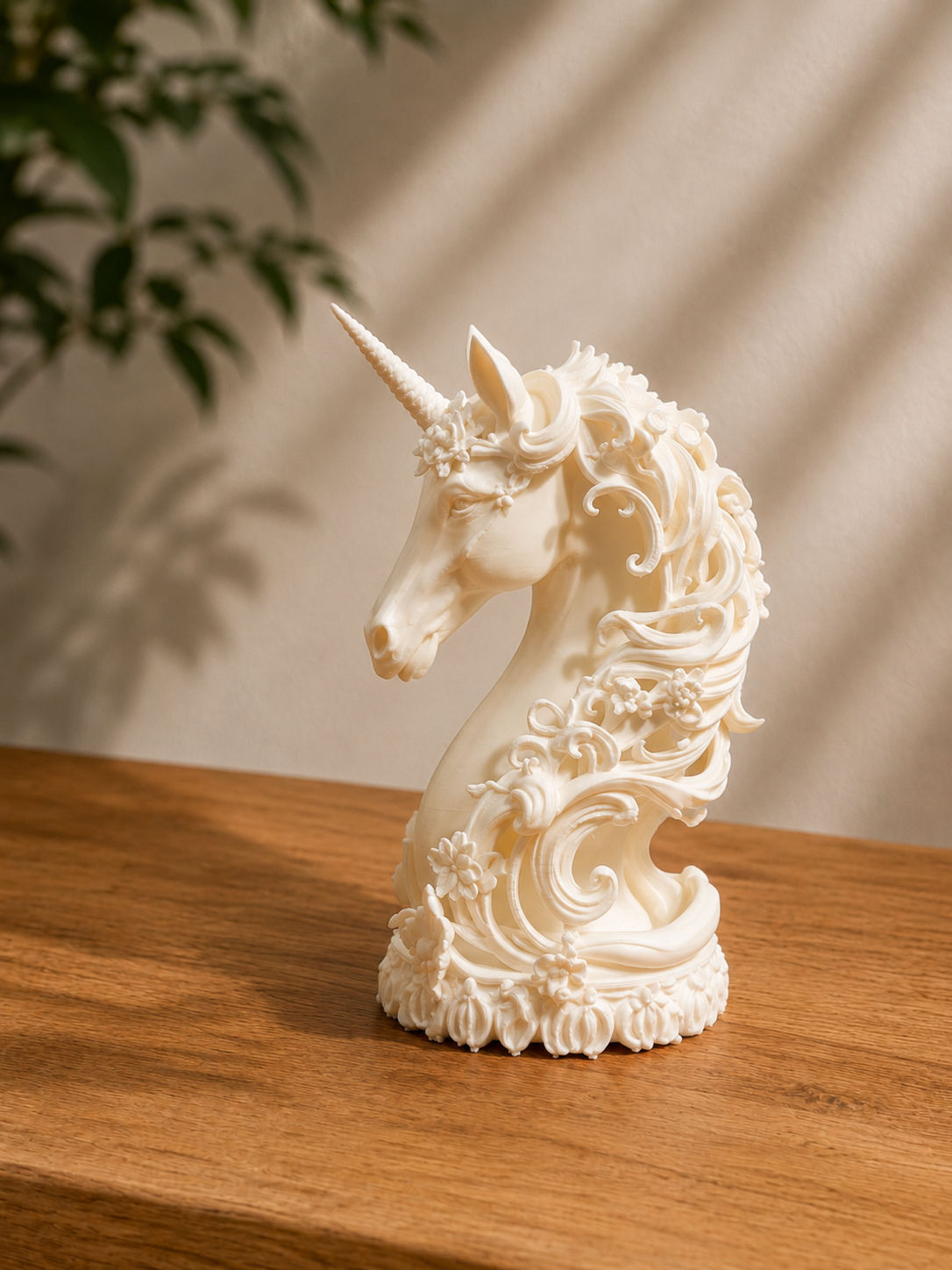 elegant unicorn sculpture with intricate detail in white