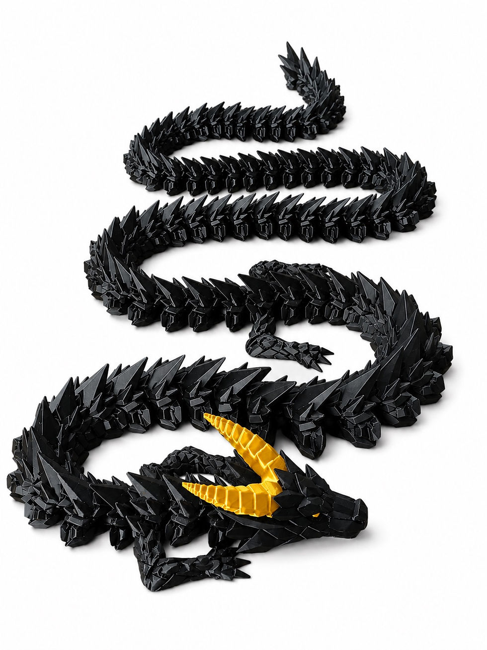 Long black articulated dragon with gold horns and eyes