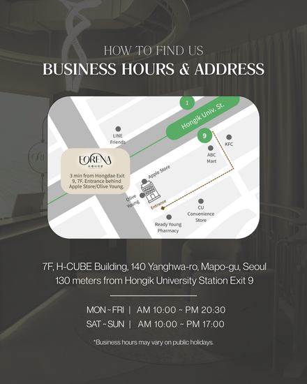 Map and business hours for Forena Clinic in Hongdae, Seoul, located 130 meters from Hongik University Station Exit 9, behind the Apple Store.