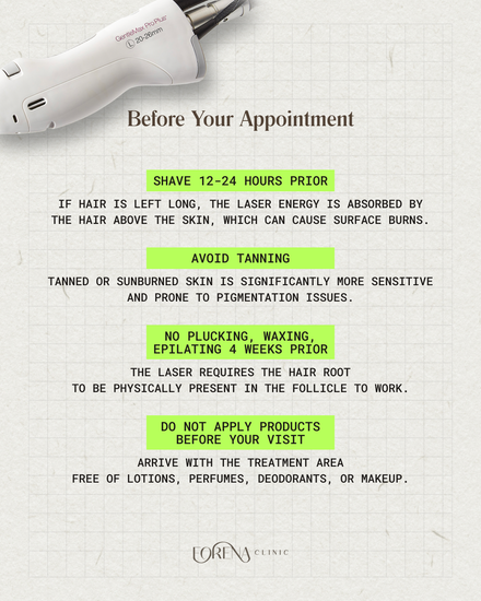 A laser hair removal pre-care checklist highlighting mandatory shaving 12–24 hours before an appointment and avoiding tanning for 2 weeks.