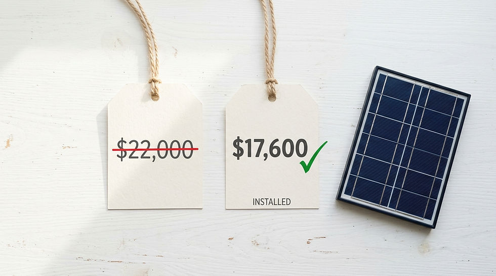 Two price tags on wood; left is $22,000 crossed out, right is $17,600 with a green check. Solar panel beside tags, bright setting.