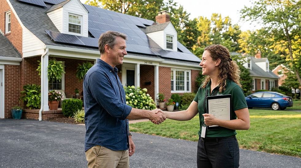 Man and woman shaking hands outside a brick house with solar panels. The woman holds a clipboard. The setting is sunny and suburban.