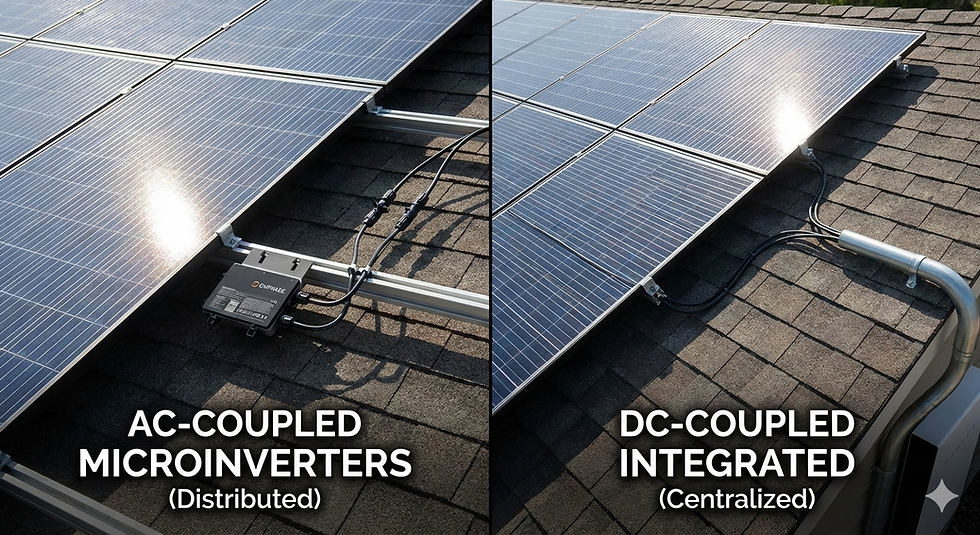 Solar panels on a roof show AC-coupled microinverters (left) and DC-coupled integrated systems (right) with reflective sunlight.
