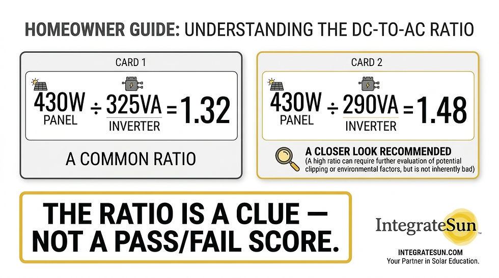 Solar infographic showing DC-to-AC ratio examples: 430W panel vs 325VA inverter = 1.32 and 290VA = 1.48, with IntegrateSun logo.