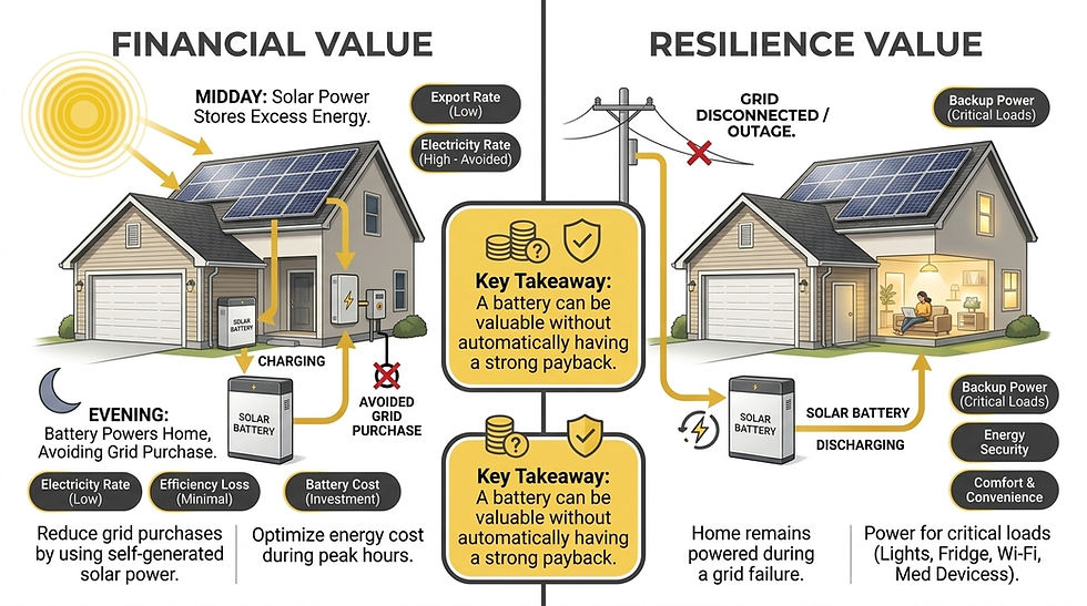 Infographic of a solar-powered house and battery, comparing financial value and resilience during grid outage; backup power shown.