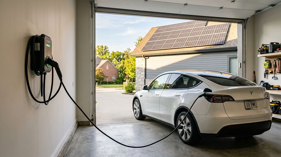 White Tesla charges in a garage from a wall charger, with solar panels visible on the house outside and EV PWR plate.
