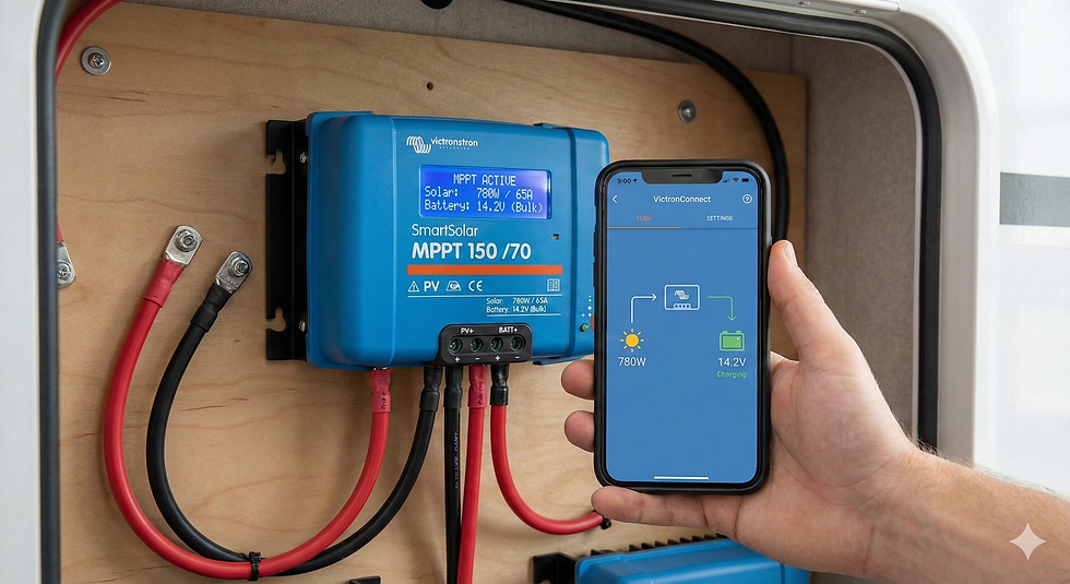 A hand holds a phone displaying the VictronConnect app, showing solar charging data. A blue MPPT controller with cables is mounted nearby.