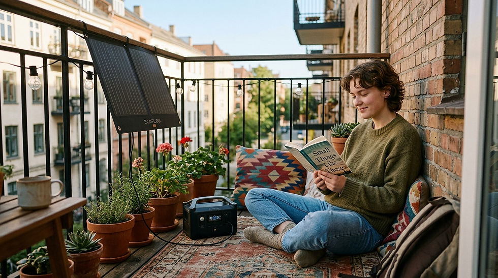 Person reading on a cozy balcony with plants, cushions, and solar panel. Book title: "Small Things Like These." Sunny and relaxed mood.