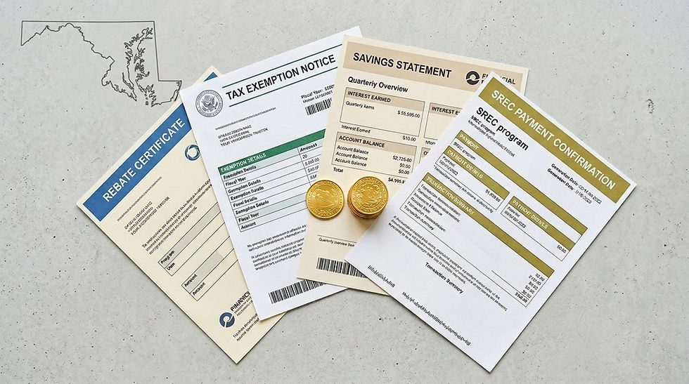 Tax documents, rebate certificate, and savings statement are spread out with gold coins on a gray surface. A Maryland map is visible.