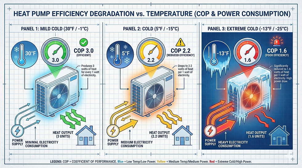 Heat pump efficiency vs. temperature infographic. Three panels show efficiency and power use at 30°F (COP 3.0), 5°F (COP 2.2), -13°F (COP 1.6).