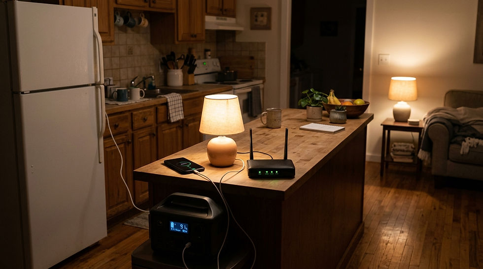 Cozy kitchen with a lit table lamp, router, phone, and power station on an island; warm lighting and a quiet homey feel.