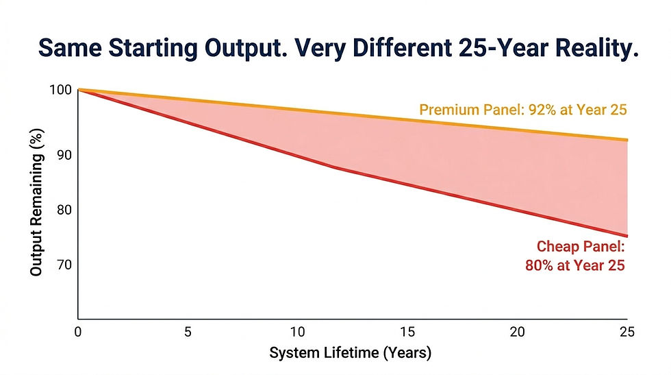 Clean line graph infographic on white background, two lines plotted from year 0 to year 25 — top line in Solar Gold (#F5A623) labeled "Premium Panel: 92% at Year 25" slopes gently downward, bottom line in red labeled "Cheap Panel: 80% at Year 25" slopes more steeply, a bold shaded gap highlighted between the two lines in light red growing wider toward year 25, x-axis labeled "System Lifetime (Years)", y-axis labeled "Output Remaining (%)", bold navy headline above