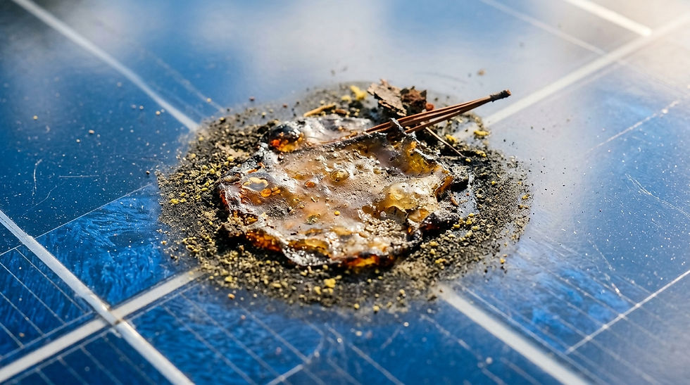 Melted substance on a solar panel, surrounded by dirt and debris, reflecting sunlight. Blue solar panel background with visible grid lines.