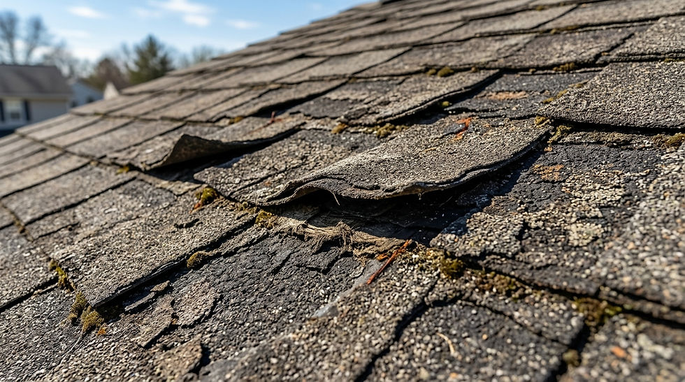 Close-up of worn, curling roof shingles with moss and cracks on a sunny day, with houses blurred in the background