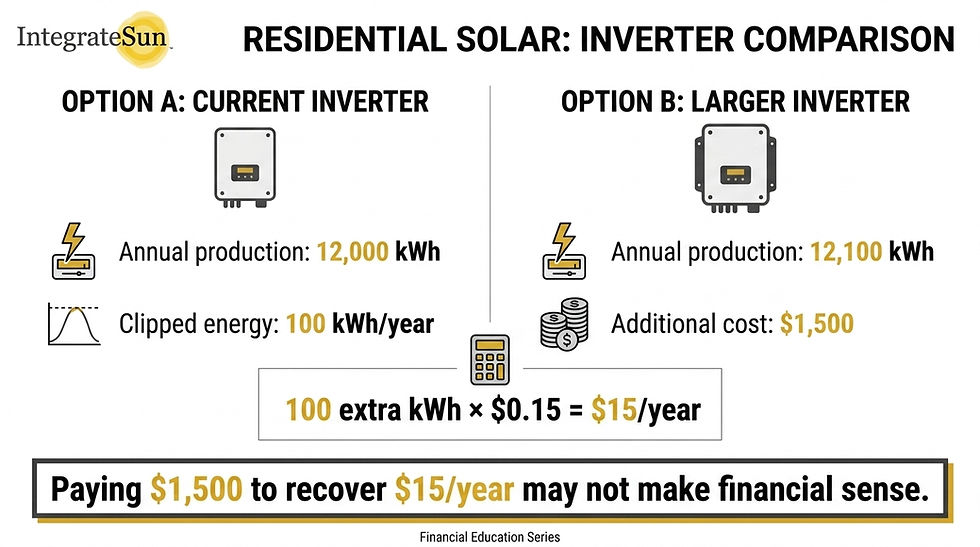 Infographic comparing residential solar inverters: current vs larger, 12,000 vs 12,100 kWh, $1,500 cost, warns it may not pay off.