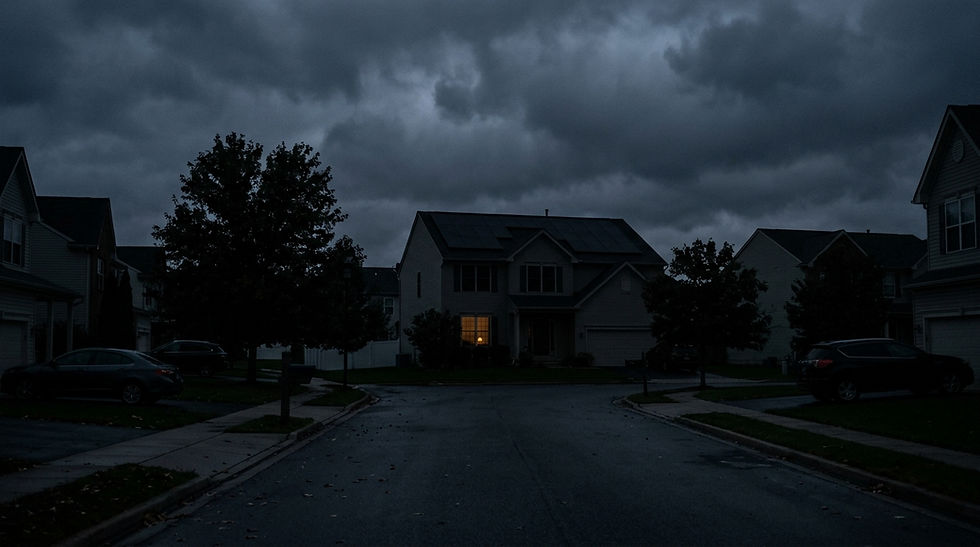 Dark suburban street with overcast skies. A single house shows a warm light in the window, creating a moody, quiet atmosphere.