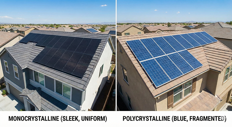 Two suburban houses with solar panels. Left: black monocrystalline panels. Right: blue polycrystalline panels. Clear sky background.