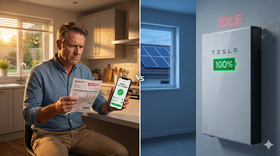 Man in kitchen looks at $150+ electric bill, holding a phone showing 100% charged. Right side shows "IDLE" Tesla battery. Mood: concerned.