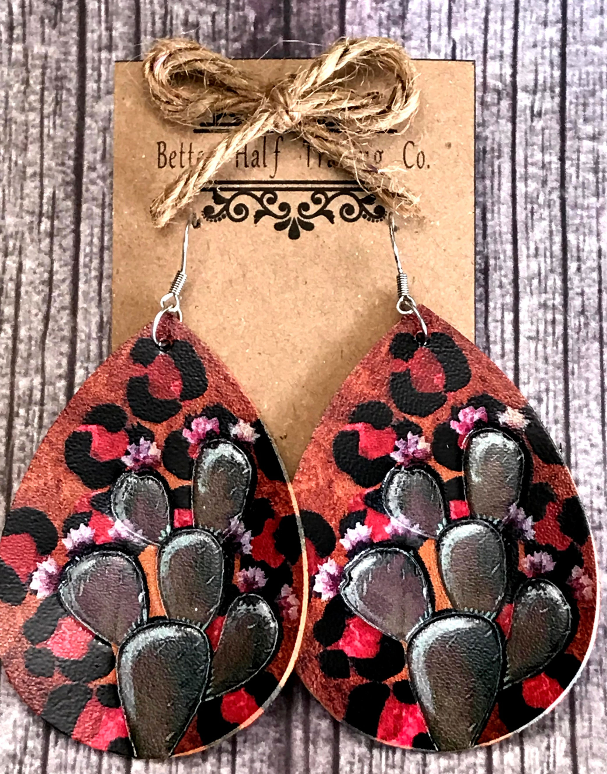 Hand Painted Leather with Cacti and Pink Flowers