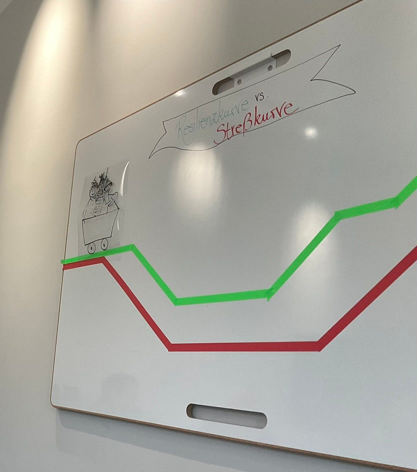 Wie verläuft die Kurve in punkto Wohlbefinden und Leistungsfähigkeit wenn Stressoren auftauchen? 