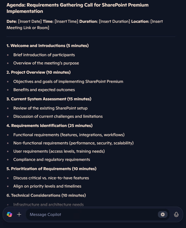 meeting agenda created by copilot pro