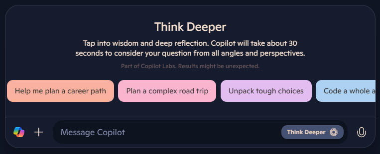 screen shot of copilot think deeper option