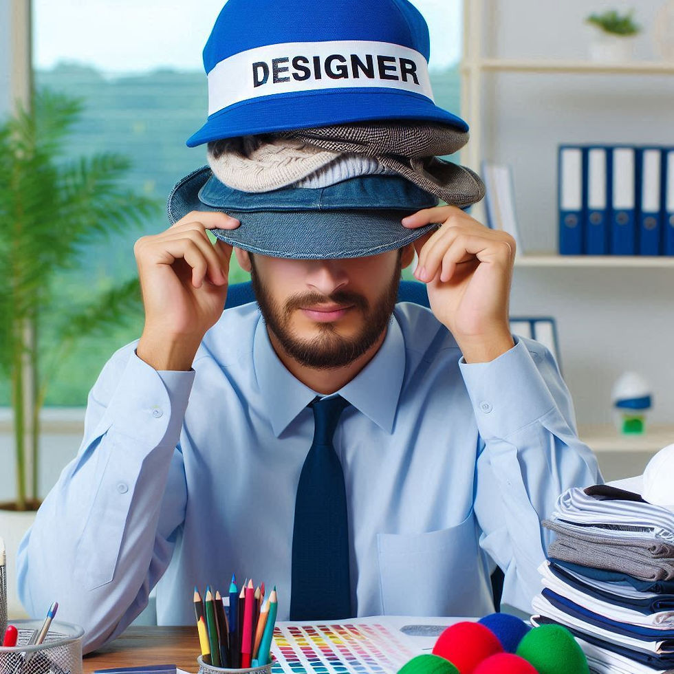 man wearing many hats with a designer hat at the top