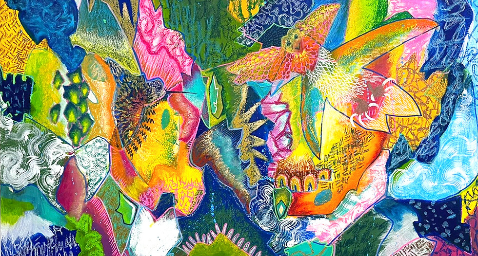 "Congregating by the Waterfall" 24x36" acrylic and oil pastel 2025
SOLD
