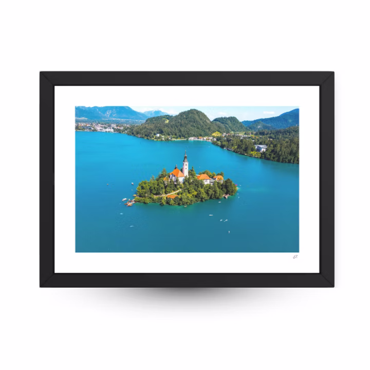 Poster Slovenië, Lake Bled poster, meer Bled poster, Slovenië cadeau, souvenir Slovenië, poster meer, blauwe poster, natuurposter, reisposter 