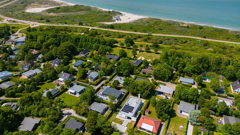 Luchtfoto van een rustige woonwijk met groene tuinen, nabij een zandstrand en blauwe zee. Zonnig met veel bomen en groen.