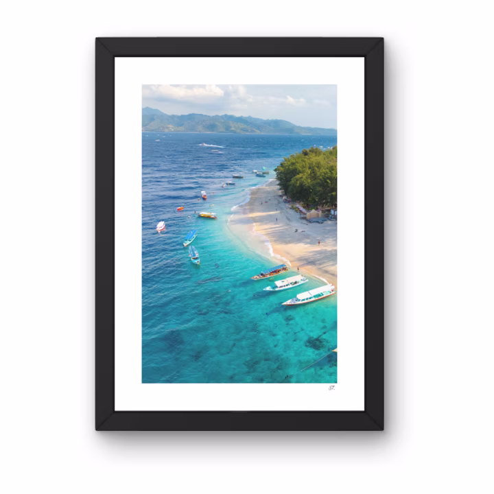Fotoposter gili Trawangan. Dronefoto poster Gili eilanden, Bali, Lombok. Poster wereld, Indonesië