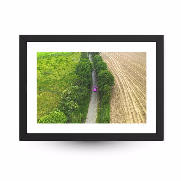 Poster België, Oude Kwaremont poster, Vlaanderen poster, België cadeau, souvenir België, poster roze auto, poster natuur, poster auto