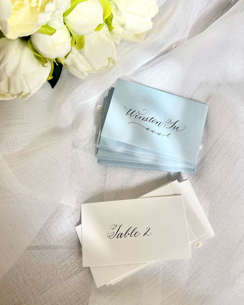 Escort cards and escort envelopes with Copperplate calligraphy, created by Westchester calligrapher