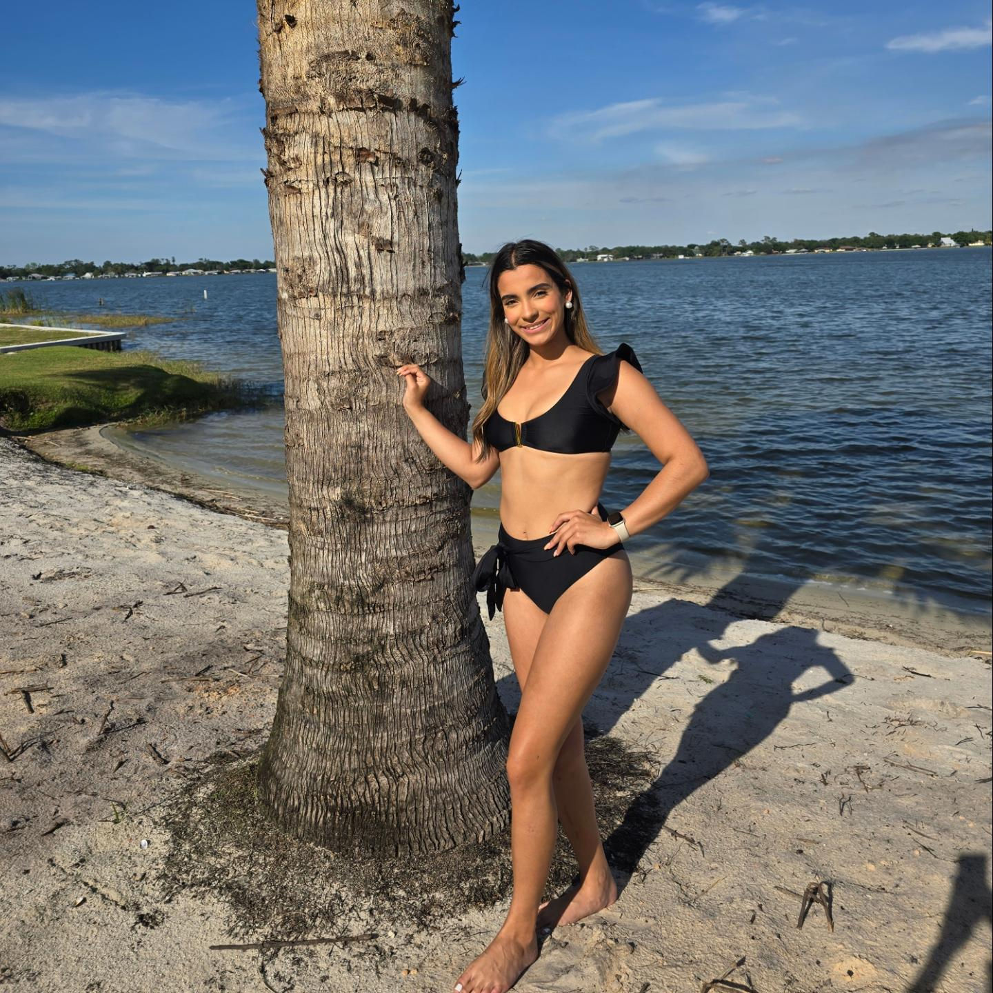 Solid Black ruffled sleeve two-piece swimsuit
