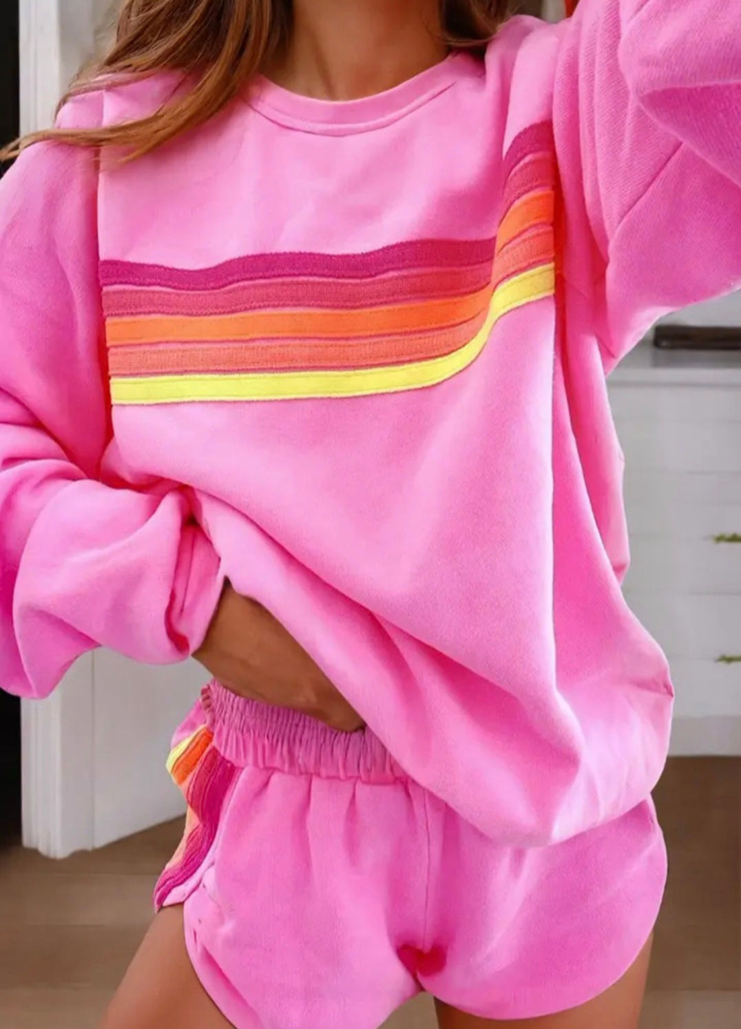 80's Pink Colorful Striped Pullover Short Set