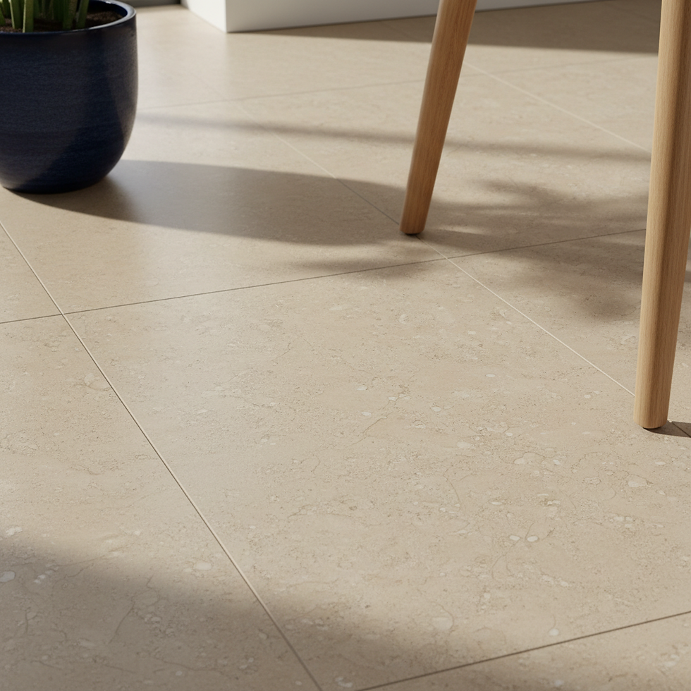 Beige steenlook vinyltegels met grootformaat en minimale voegen